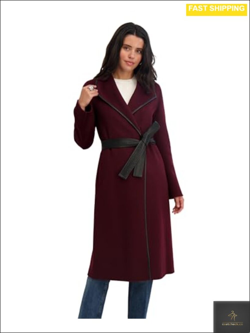 TAHARI Juliette Wool Blend Longline Wrap Coat with PU Leather Belt